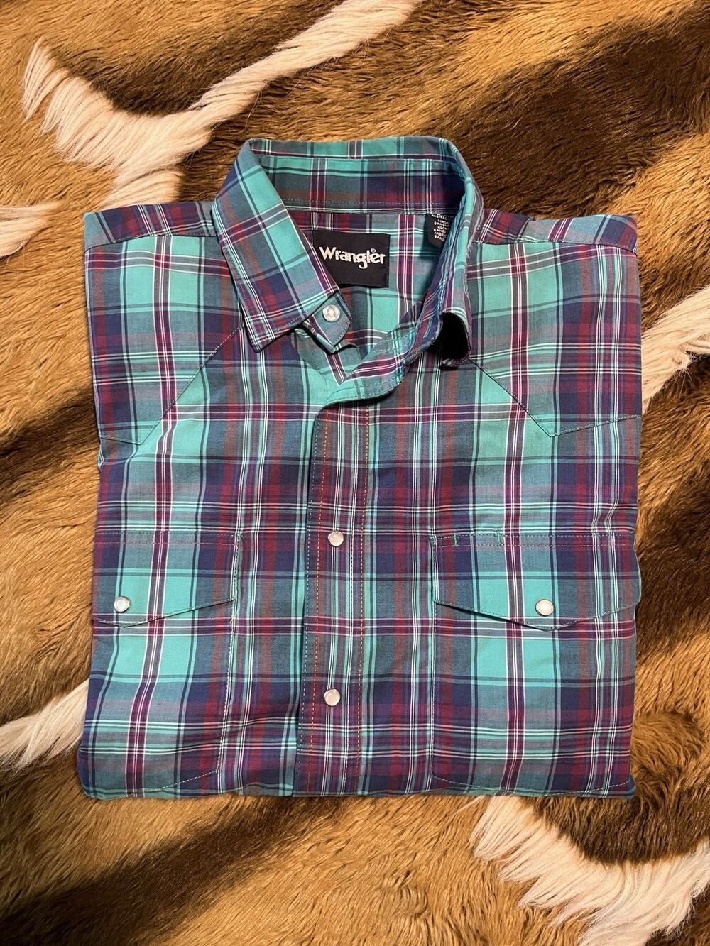 Wrangler Mens Medium Teal Purple Plaid Pearl Snap Western Shirt Cowboy M